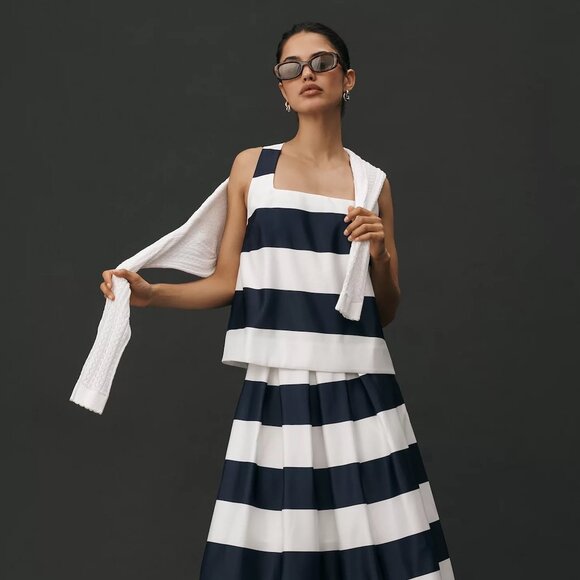 ANTHROPOLOGIE Maeve | Navy Striped Sleeveless Square-Neck Swing Top | NWT - Picture 1 of 13